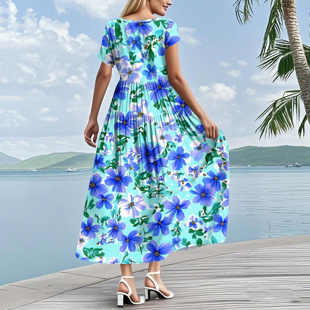 Damen Sommer Rundhals Kurzarm Geblümtes Boho Lockeres Kleid