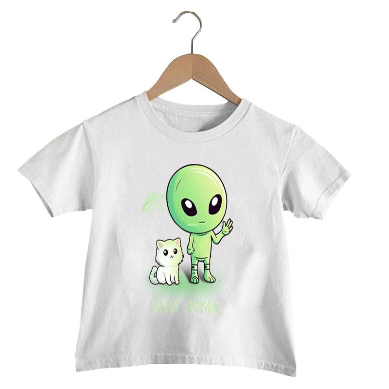 

Привет Человек Принт Футболка Малыш Мальчики Смешная Инопланетянин НЛО Футболка Милая Графика Кота Детская Одежда Девочки Харадзюку Летняя Уличная Одежда Топ 150