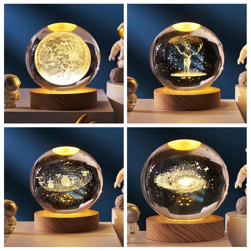 3D Art Nebula Laser Carving Solar System Moon Planet Nights Lamp LED Glowing Crystal Glass Globe Ball Wood Base Night Light