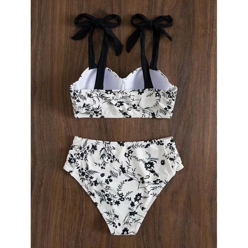 Sexy High-Waist Bikini Swimsuit Women's Small Chest Gathered Swimwear New Cross-Border Print Two-Piece Female Fashionable