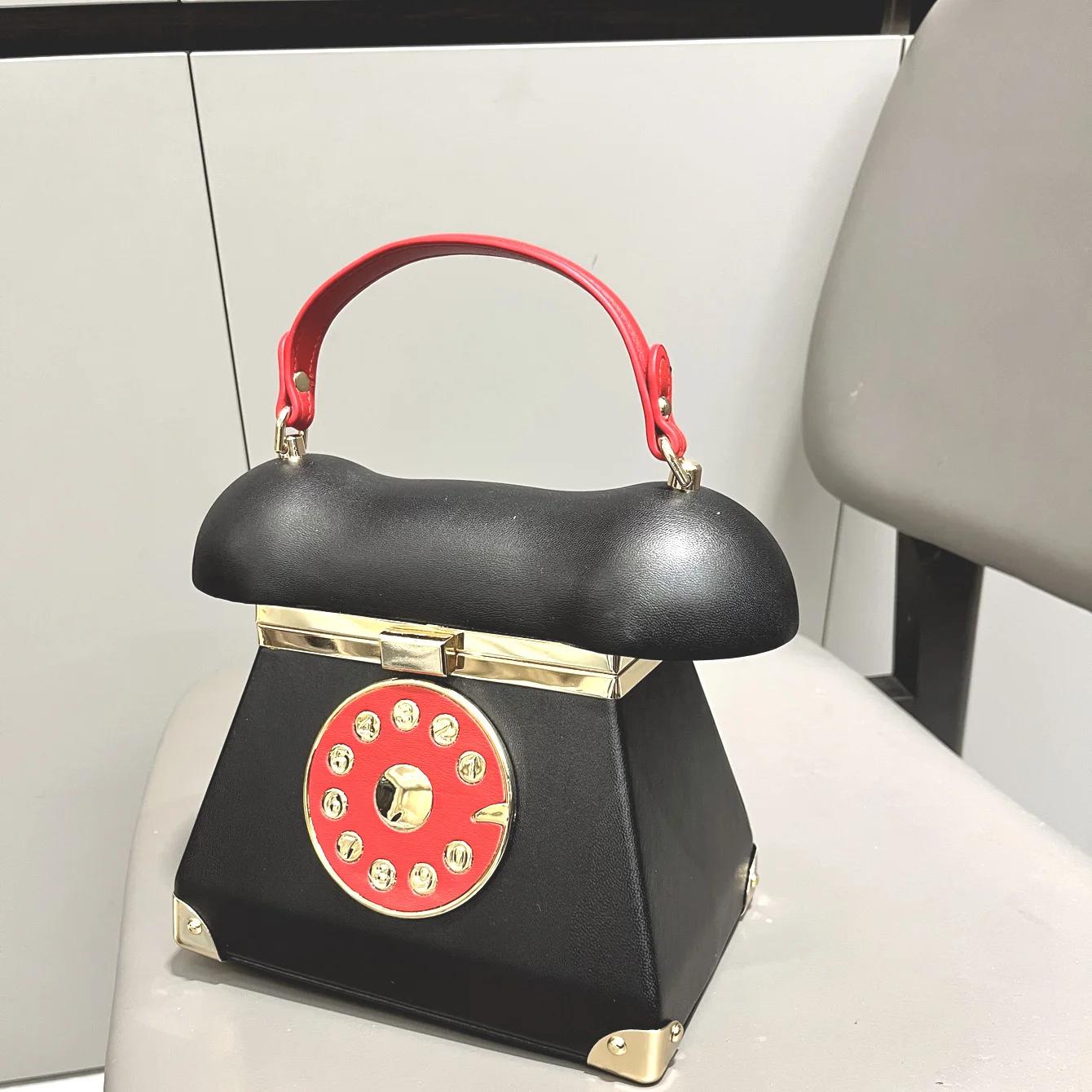 

Ретро женская сумка для хранения в форме забавного телефона, классический круглый органайзер для макияжа, кошелек, вечерняя сумка-тоут для вечеринки, банкетная сумка на плечо чёрный