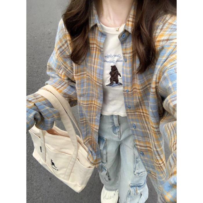 

Hong Kong style contrasting color plaid polo neck cardigan shirt jacket women s spring and autumn outer wear design sense niche loose top 2XL