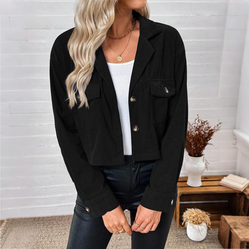 Dámská ležérní jednobarevná bunda s dlouhým rukávem, volný manšestrový top