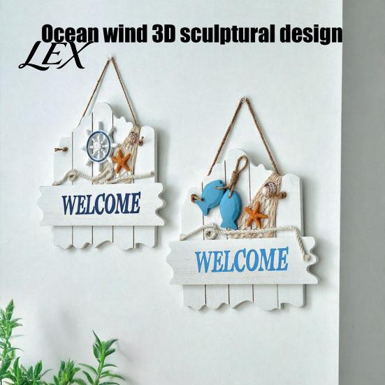 Handmade Coastal Art Mediterranean Style Wooden Welcome Sign, Starfish And Shells Hanging Nautical Sign Plaque, Decorative Wall for Home Porch