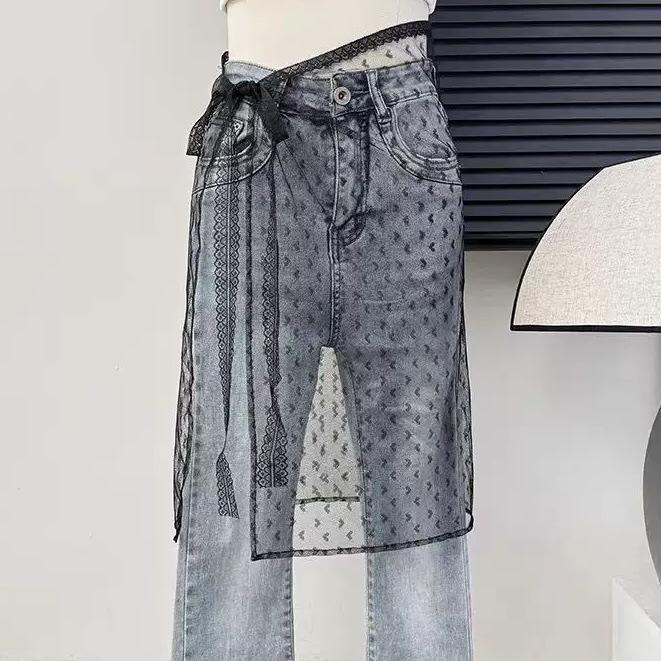 Korean Lace Embroidered Waistband Tulle Skirt with Layered Scarf Accessory