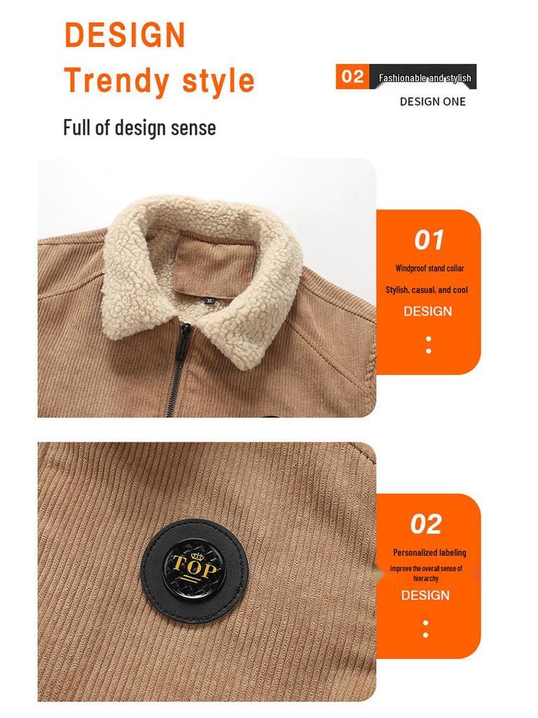 Winter 2025 Men's Lambswool-Lined Corduroy Workwear: Fashionable, Casual, Loose, and Warm Cotton Apparel