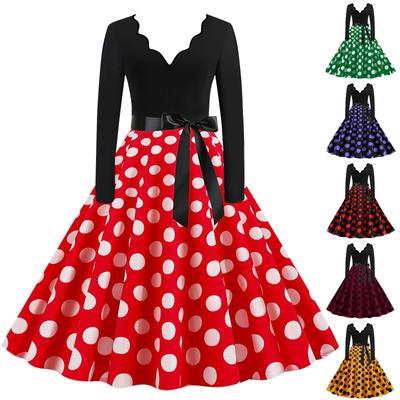 Women's Polka Dot Print Long Sleeve Dress Cutout Party Casual V Neck Dress