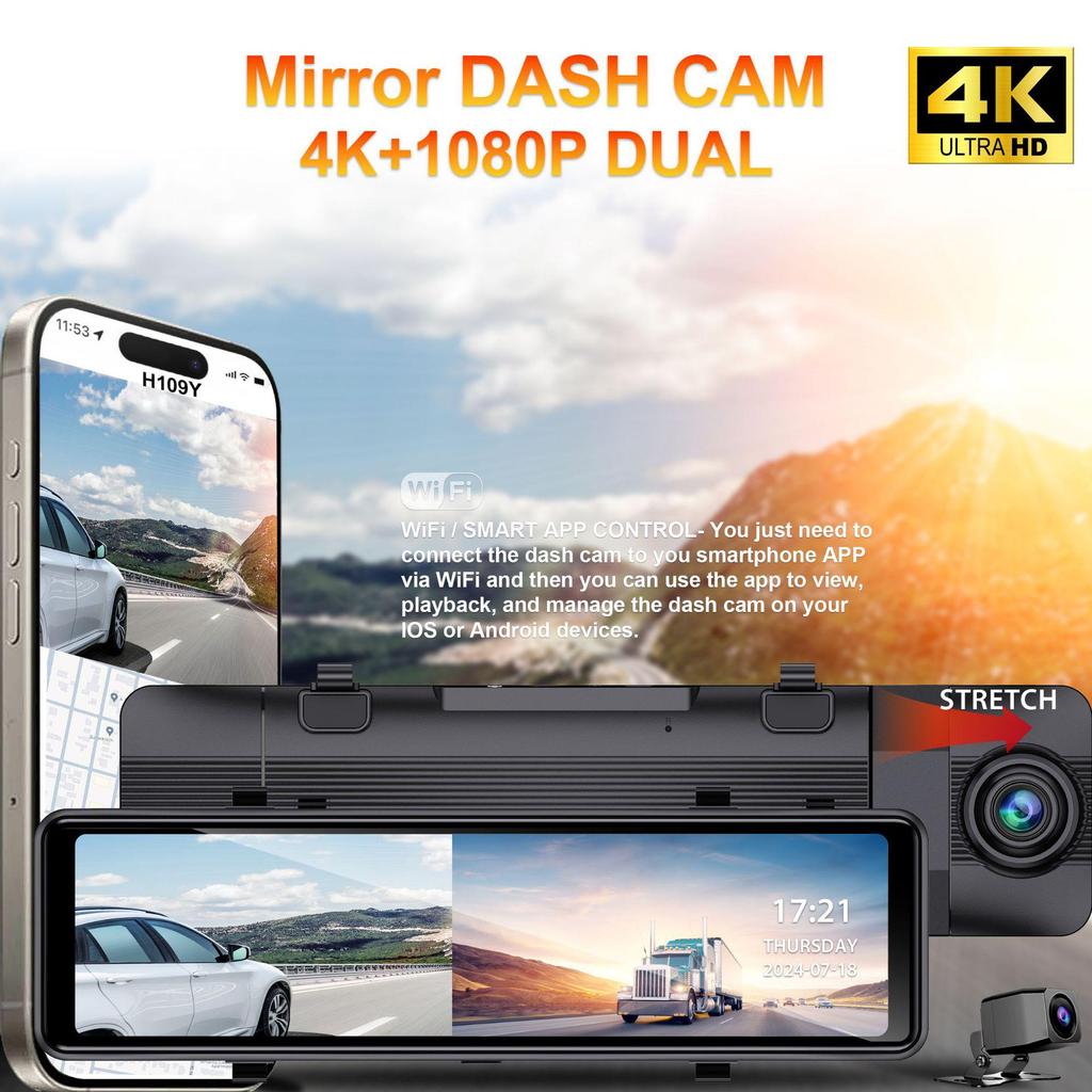 4K Dual Dash Cam with HD Night Vision, WiFi, Front & Rear Lenses, Reversing Assist, and Touchscreen