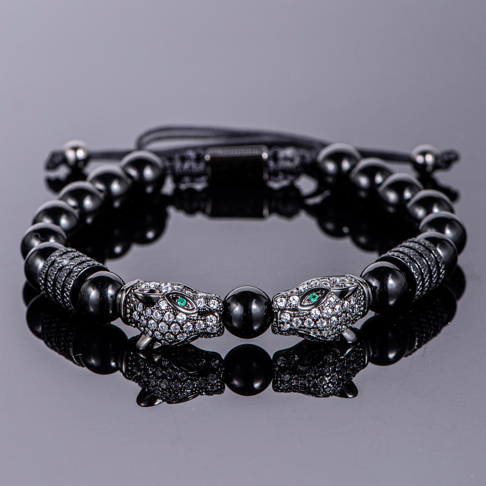 New Trend Double Leopard Head Handmade Tiger's-eye Bracelets  Accessories Handmade Men's Jewelry Pulseras Homme