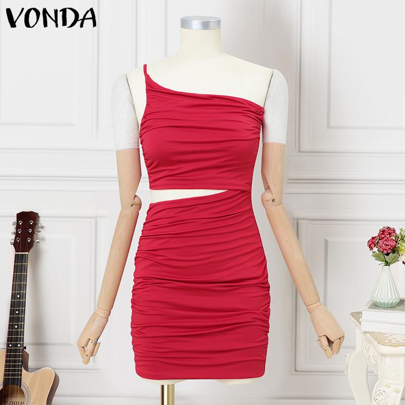 

VONDA Women One Shoulder Sleeveless Ruffled Cutout Waist Bodycon Mini Dress 2XL червоний