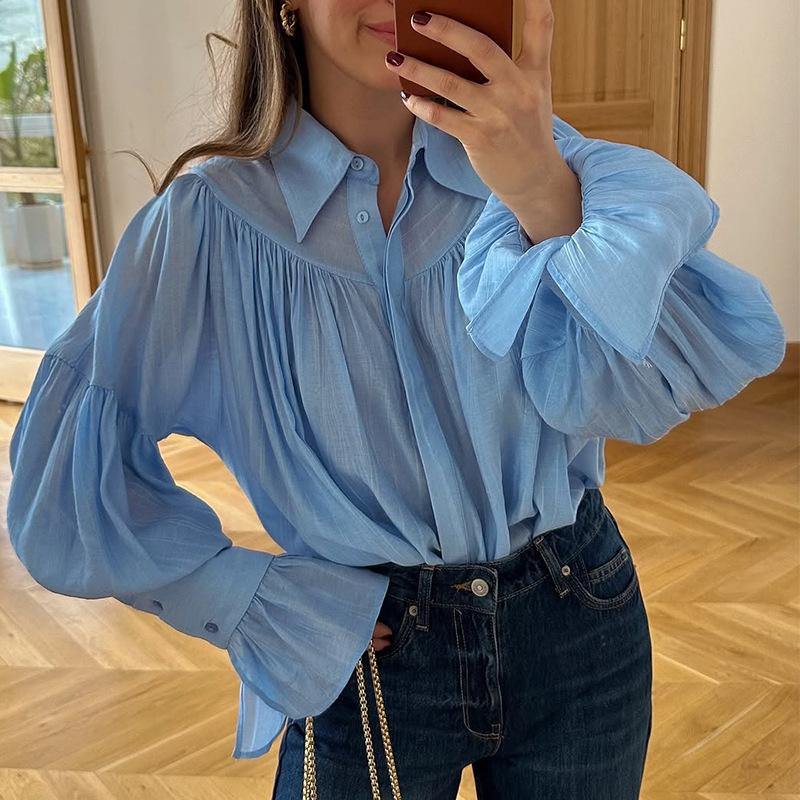 Casual Shirts Women Loose Lantern Sleeve Buttons Turn Down Collar Pleated Blouse Lady Spring Summer Green Shirts