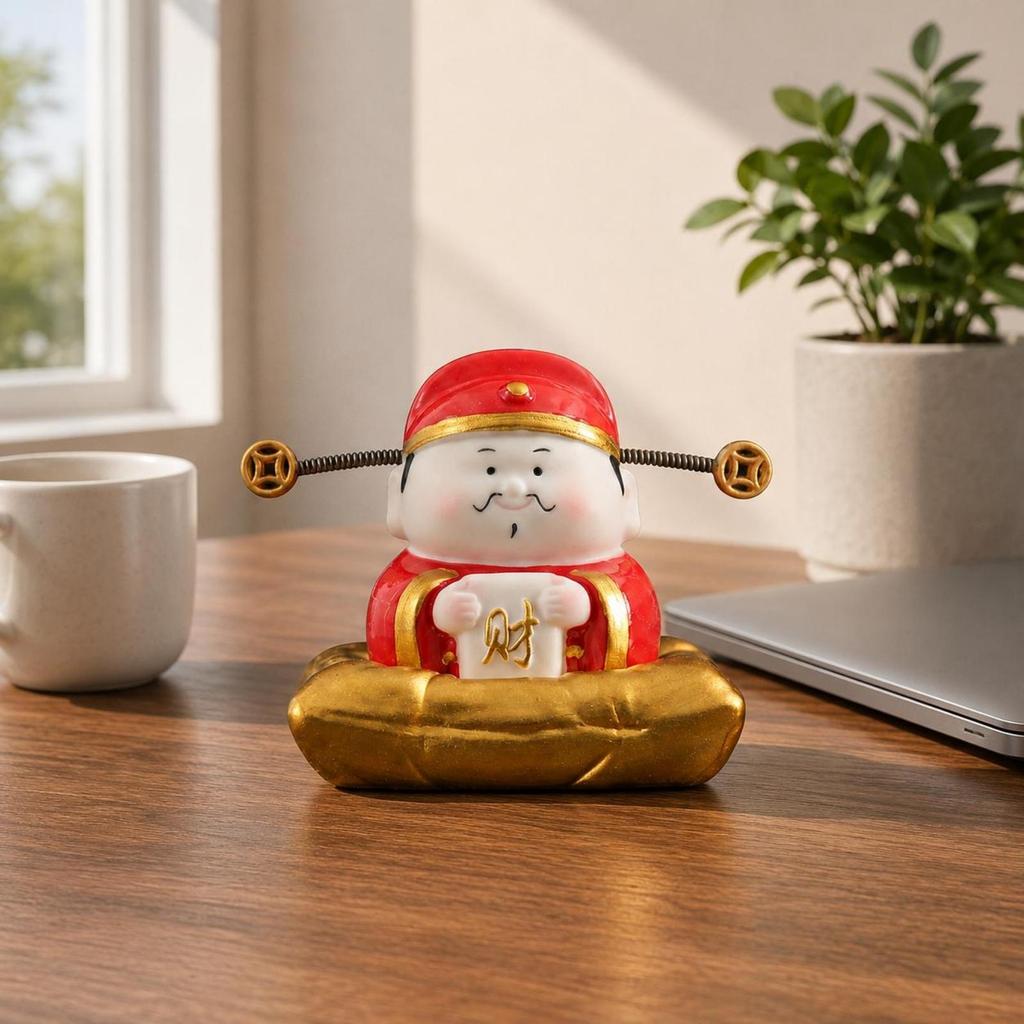 Smiling Wealth God Figure Monetary Disc Ornaments Cai Shen Figurine Spring Wire Deity Statue