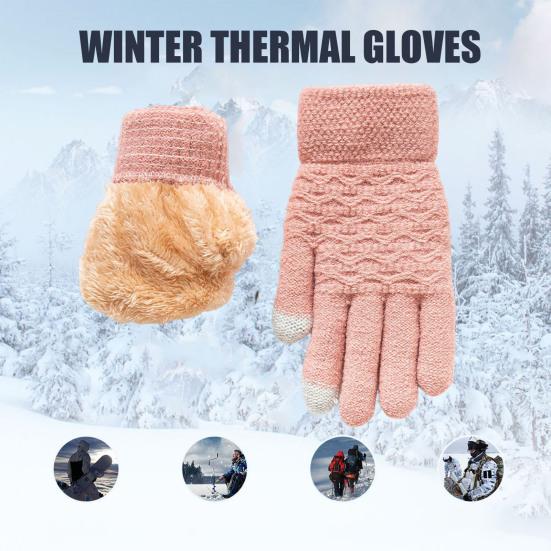 1 Pair Winter Gloves Double-layer Thickened Plush Jacquard Knitted Five Fingers Unisex Anti-slip Cold Weather Driving Golfing Skiing Skating Gloves