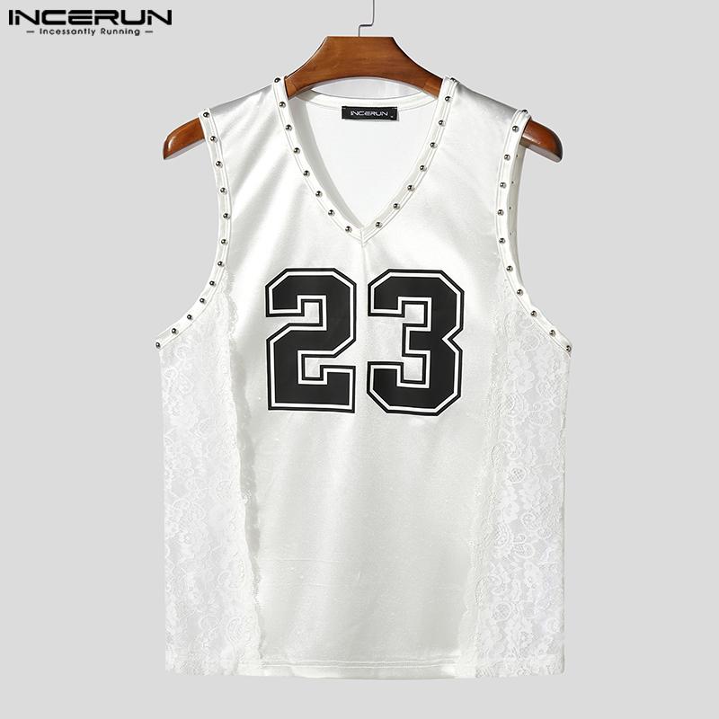 INCERUN Men V Neck Sleeveless Letter Print Lace Patchwork Casual Tank Tops