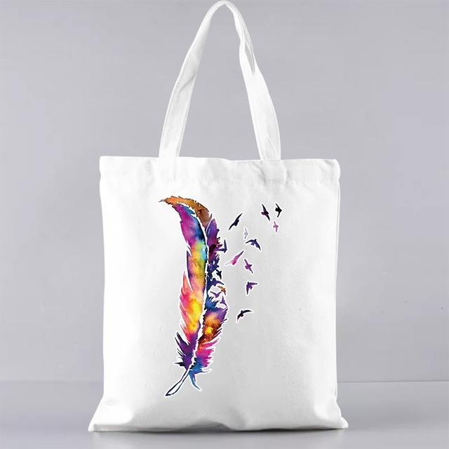 Grundlegende Einkaufstasche im koreanischen Stil, passend zu allen Gelegenheits-Schultertaschen für Pendler, Farbe mit Federmuster, bedruckte Canvas-Lebensmitteltaschen