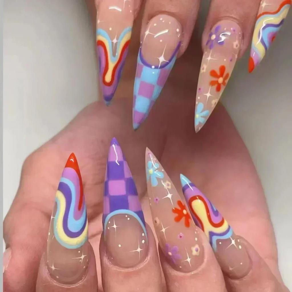 24Pc False Nails with Glue Almond Black Red Gradient Design Detachable Rhinestone Acrylic Fake Nail Long Stiletto Press on Nails