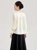 Nanyou Hofstil Tencel-Hemd: Damen Elegantes Krepp-Gefühl, Holzohr-Rand, Stehkragen, Frühlings-Oberteil