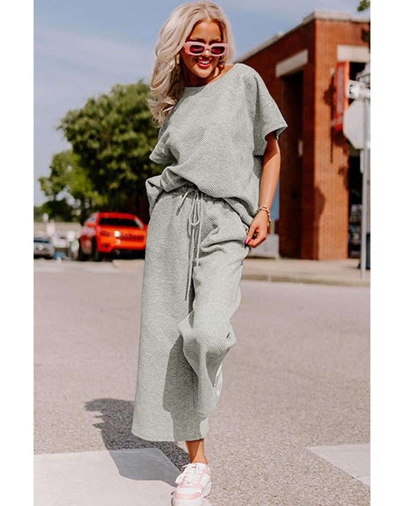 Azura Exchange Set tricou gri texturat, croială lejeră, și pantaloni cu șnur