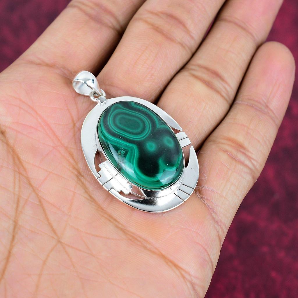 Malakithänge, 925 sterling silver hängsmycke. Gåva för kvinnor handgjorda hängsmycken ädelstenssmycken