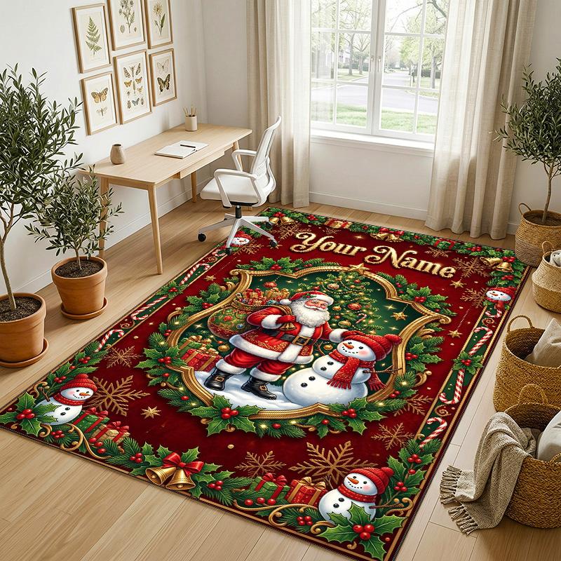 Christmas Theme Crystal Velvet Rug Personalized Custom Name Text Soft Floor Mat Home Decor