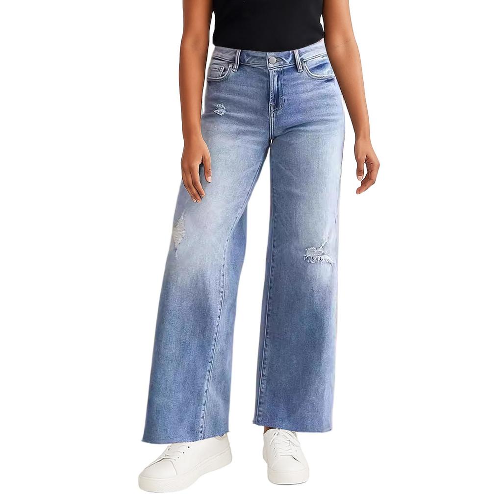 Women Baggy Mid Waist Jeans Wide Leg Loose Denim Pants Straight Leg Cropped Barrel Jeans
