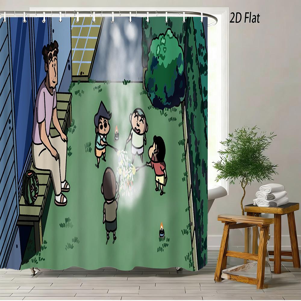 Crayon Shin-Chan & Himawari & Shiro & Leopard & Rooster Jungle Adventure Scene 2D Print Waterproof Shower Curtain, Bright Green