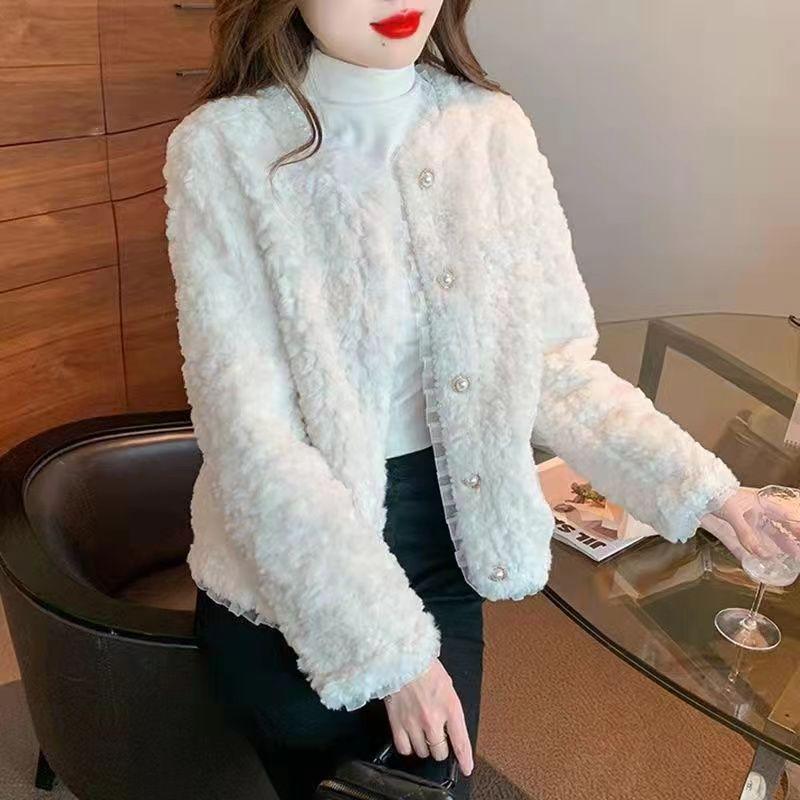 Chaqueta de Lana de Cordero Estilo Coreano con Cuentas para Otoño/Invierno para Mujer