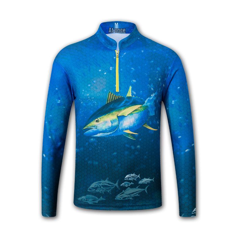 Men's Long Sleeve Mesh Fishing Shirt: Outdoor Sun Protection, Breathable, Sweat-Absorbent, Stand Collar, Printed Design.