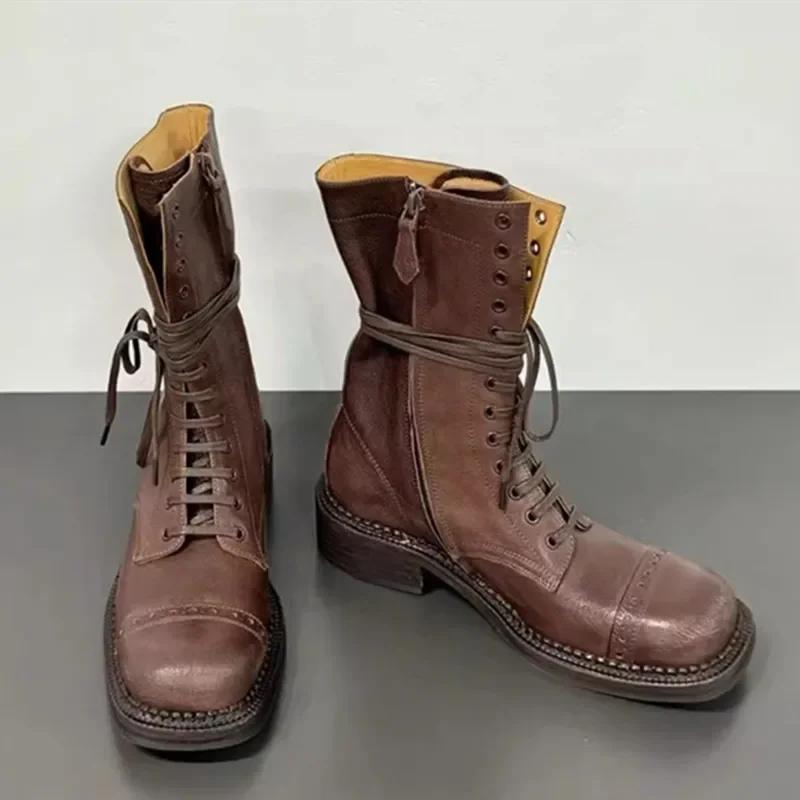 

Модные роскошные дизайнерские байкерские ботинки из натуральной кожи женские 2025 массивные ботильоны на платформе для женщин на шнуровке до середины икры ретро рыцарские ботинки 40 коричневый