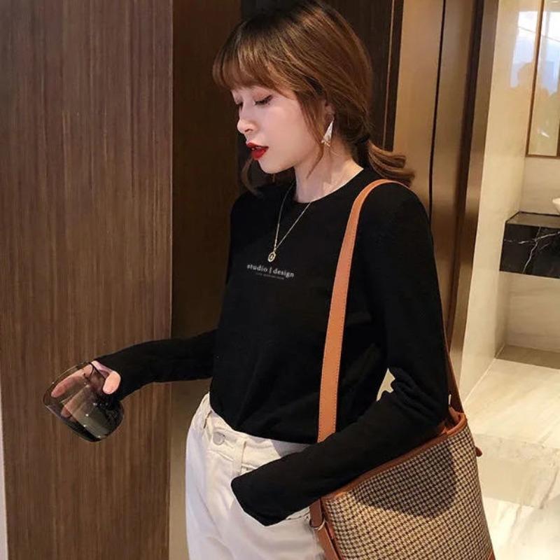 Korean Version Show Off Weight Slim Printing Letter Leisure Versatile Commute Fashion Women's Long Sleeved T-shirt Autumn 2024