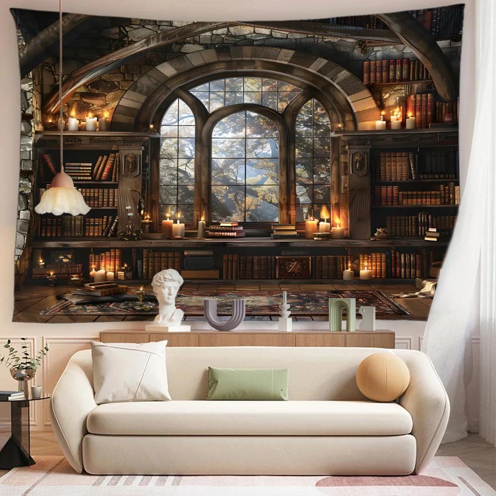 Vintage Library Tapestry Mural Old Books Bookshelf Attic Candles Gothic Home Decor Dormitory Living Room Bedroom Wall Hanging
