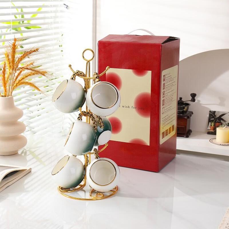 Handun Dark Green Gradient Ceramic Cup Set (6 Cups + Rack)