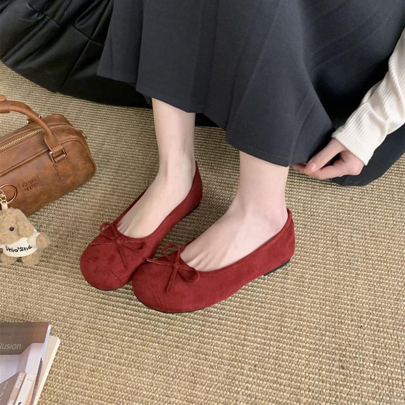 Candy Bow Light Mouth Suede Round Head Ballet Shoes Women's Soft Flat Bottom One Pedal Mary Jane Single Shoes