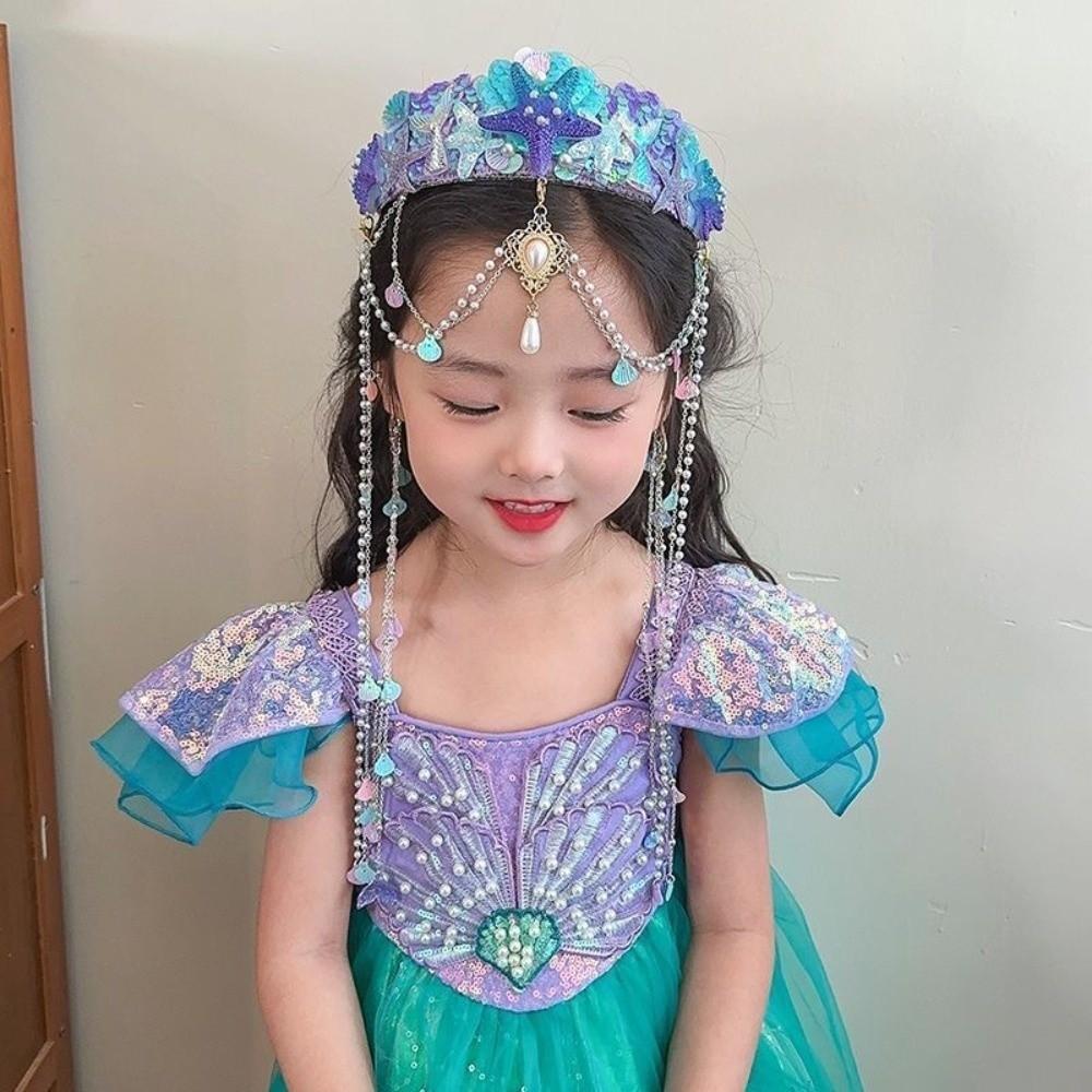 Tassel Mermaid Princess Headband Pearl Jewelry Tassel Crown Forehead Necklace Hair Hoop Children