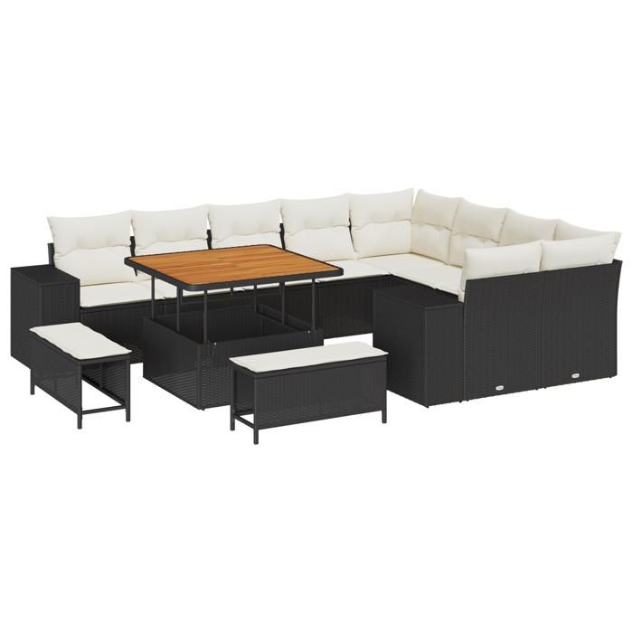 Ensemble de Canapés de Jardin en 12 pièces avec Coussins Noir Poly Rattan Acacia, Ensemble de Salle à Manger 3 pièces de 3362035