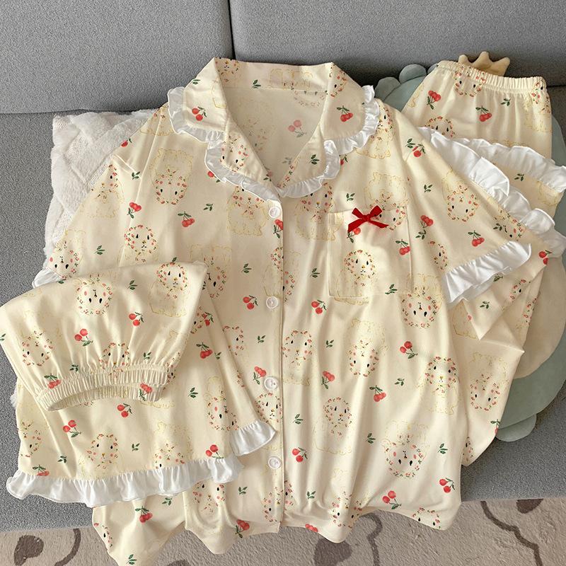 

Женская летняя пижама-тройка, новая, с коротким рукавом, с мультяшным кроликом, из имитации хлопка, домашняя одежда, можно носить на улице 2XL [Recommended 130-72.5kg]