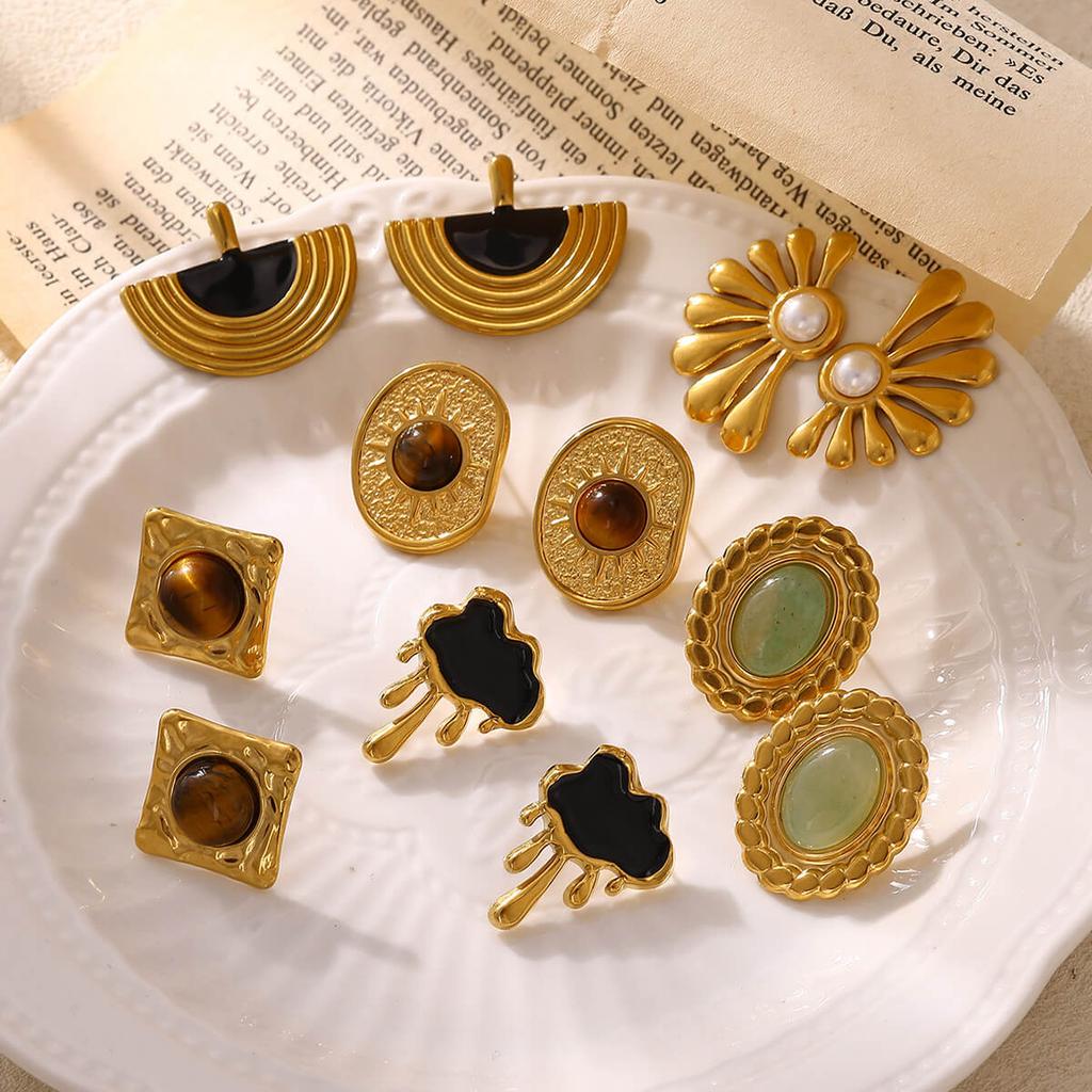 Vintage Gold Color Earrings For Women Geometric Tiger Eye Aretes Enamel Drop Big Stud Earring Stainless Steel Jewelry Party Gift