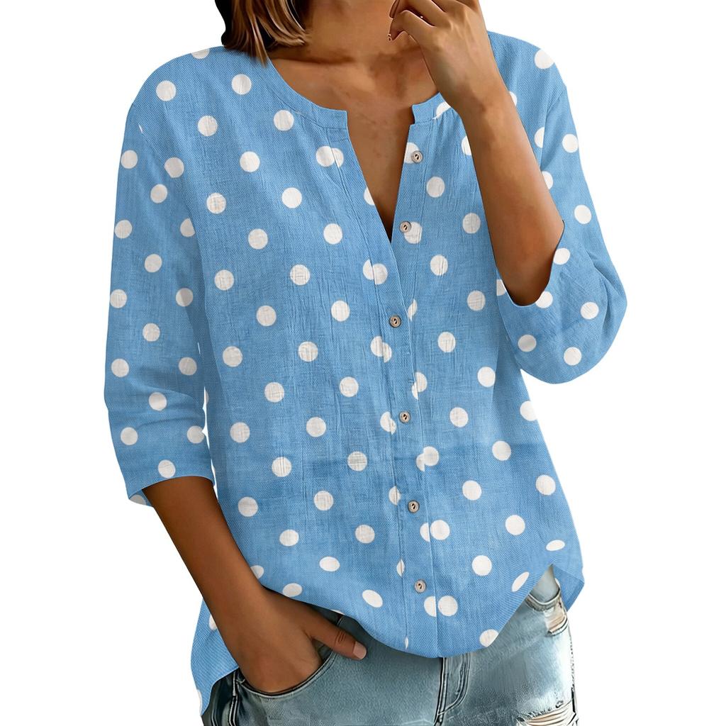 Women's Printed Cotton Linen Neck Shirt with Three-Quarter Sleeves