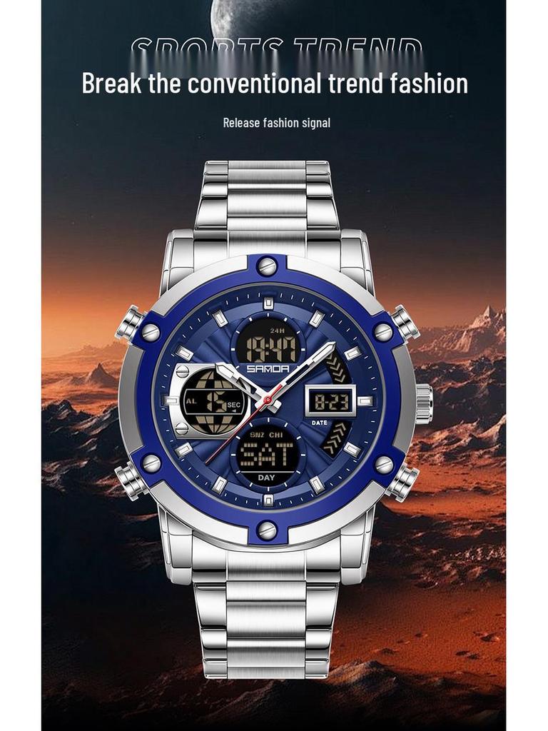 SANDA Men's Multi-Time Zone Steel Band Watch - Luminous, Waterproof, Alarm & Stopwatch Features