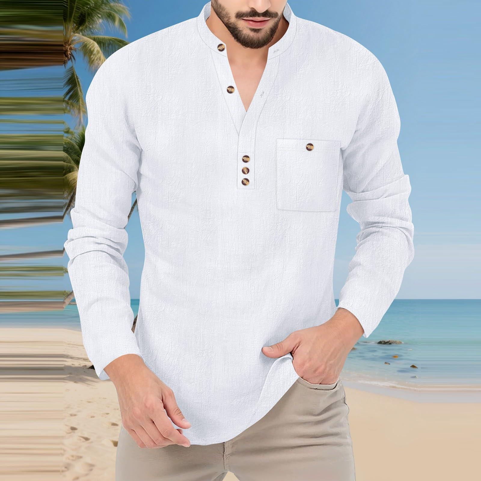 

Men s Shirts Cotton Linen Long Sleeve V Neck Color Button Shirt Summer Beach Casual Tops With Pocket Plus Size L