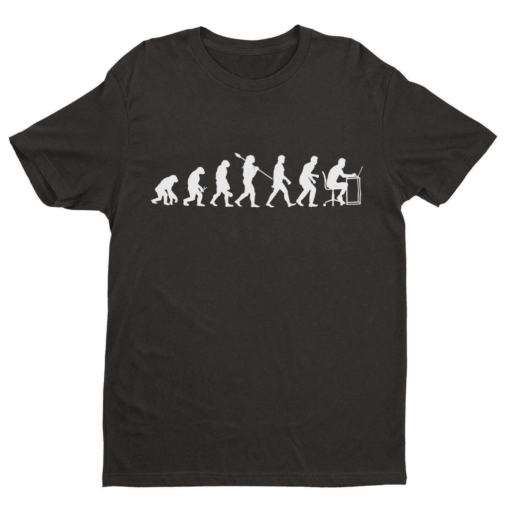EVOLUTION OF OFFICE WORKER Funny T Shirt Ape To Man sitting at computer work