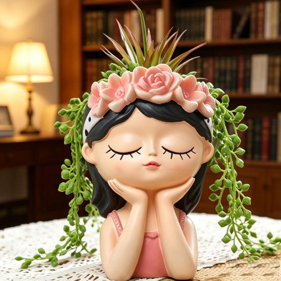 Cute Girl Planter Pot Resin Girl Statue for Indoor Outdoor Plants A