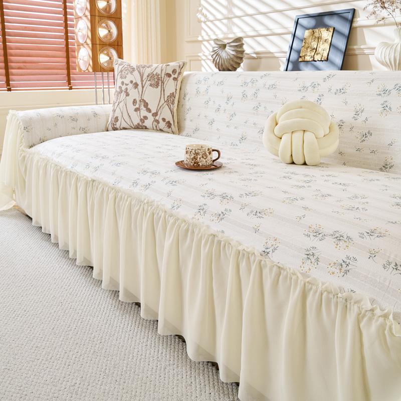 Polyester Linen Sofa Cover Ruffled Edge Creamy Style Floral Pattern Anti-Slip Cooling Couch Cushion Mats