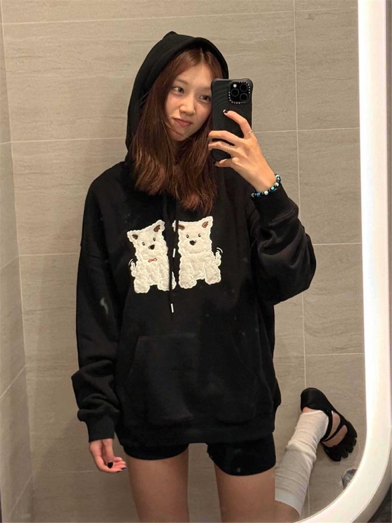 2025 Spring and Autumn Plush Patch Embroidered Hooded Sweater Women's American High Street Loose College Style Casual Jacket