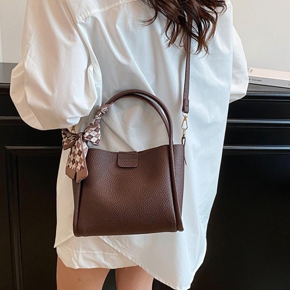 Retro Minimalist Pu Leather Bucket Bag Versatile with Ribbon Crossbody Bag Solid Color Korean Style Women 's Handbag Women
