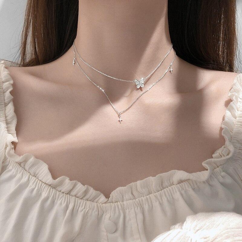 Sterling Tone Butterfly Necklaces Shiny Zircon Stone Clavicle Chain Pendant Necklace Women Jewelry Event Gathering Souvenir GiftTrendy