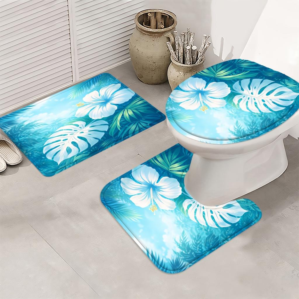 4Pcs Tropical Hibiscus Shower Curtain Set with Non-Slip Bath Mat, Toilet Lid Cover, Contour Rug & 12 Hooks, Bathroom Decor