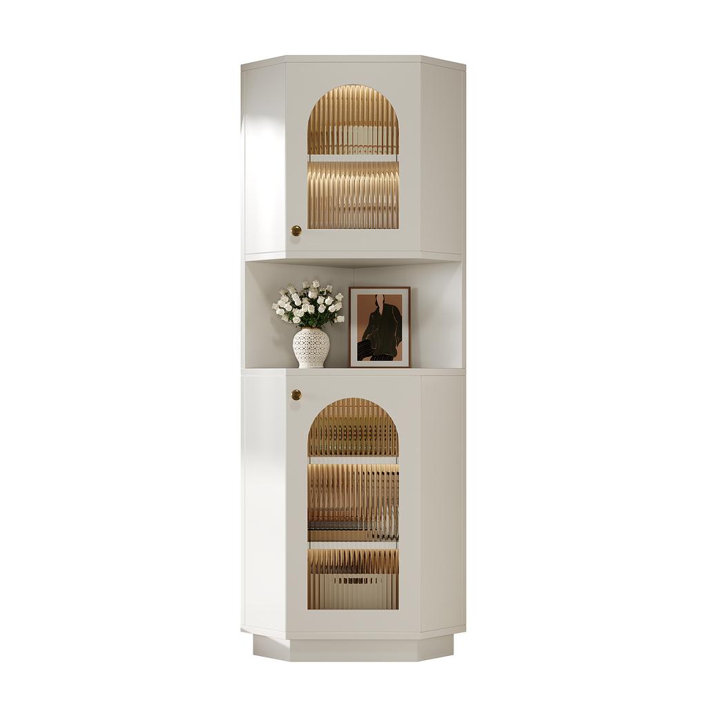 Bathroom Cabinet with Light Strip, Corner Cabinet with Two Storage Compartments, Open Compartment with Adjustable Shelves, 45x 45 x 166.5 cm, White