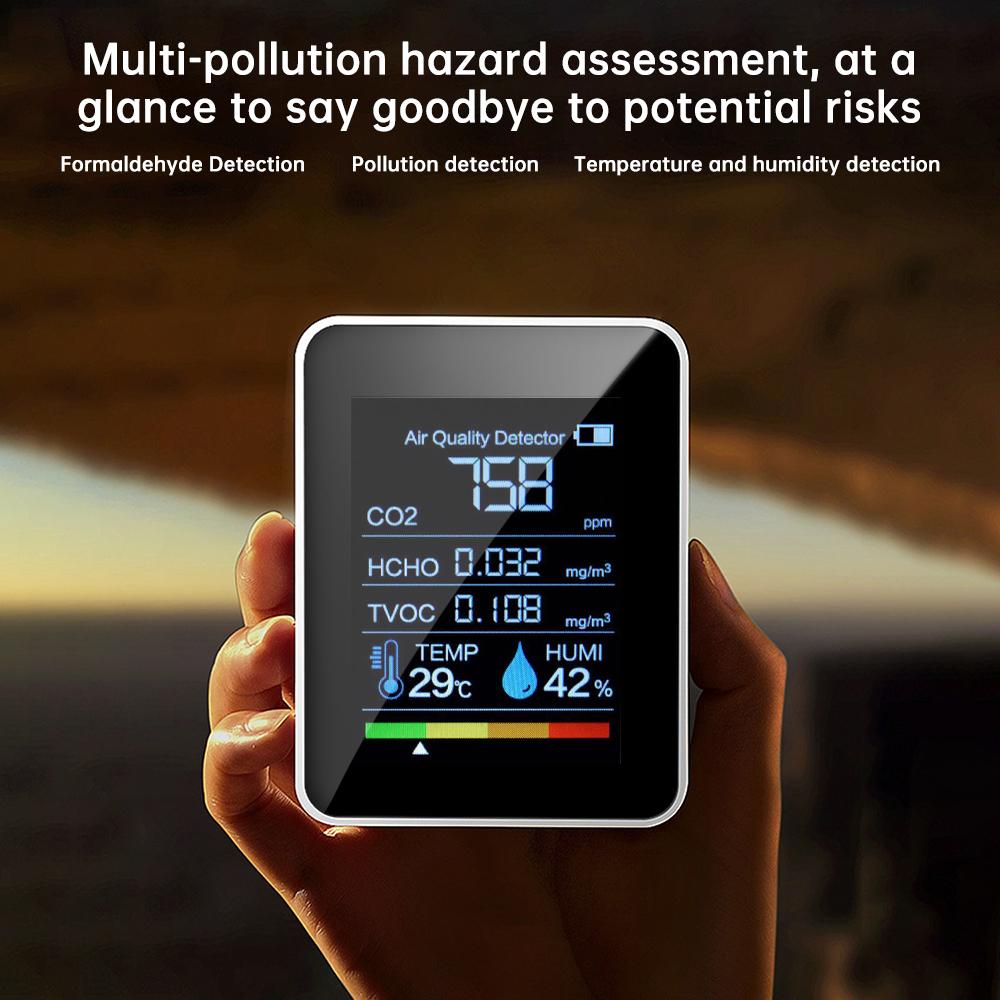 5-in-1 Carbon Dioxide Detector Formaldehyde/TVOC/CO₂/Temperature/Humidity Air Quality Monitor Audible and Visual Alarm Function
