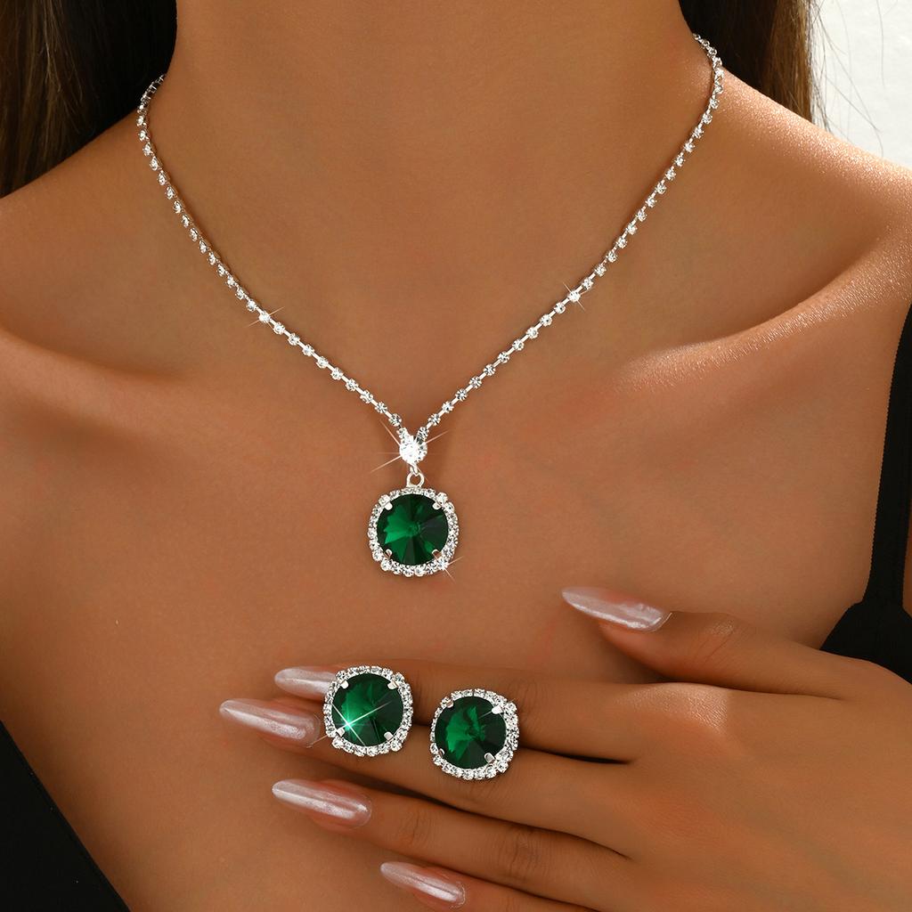 Emerald Full Diamond Square Set Necklace Earrings Jewelry Two-Piece Set
